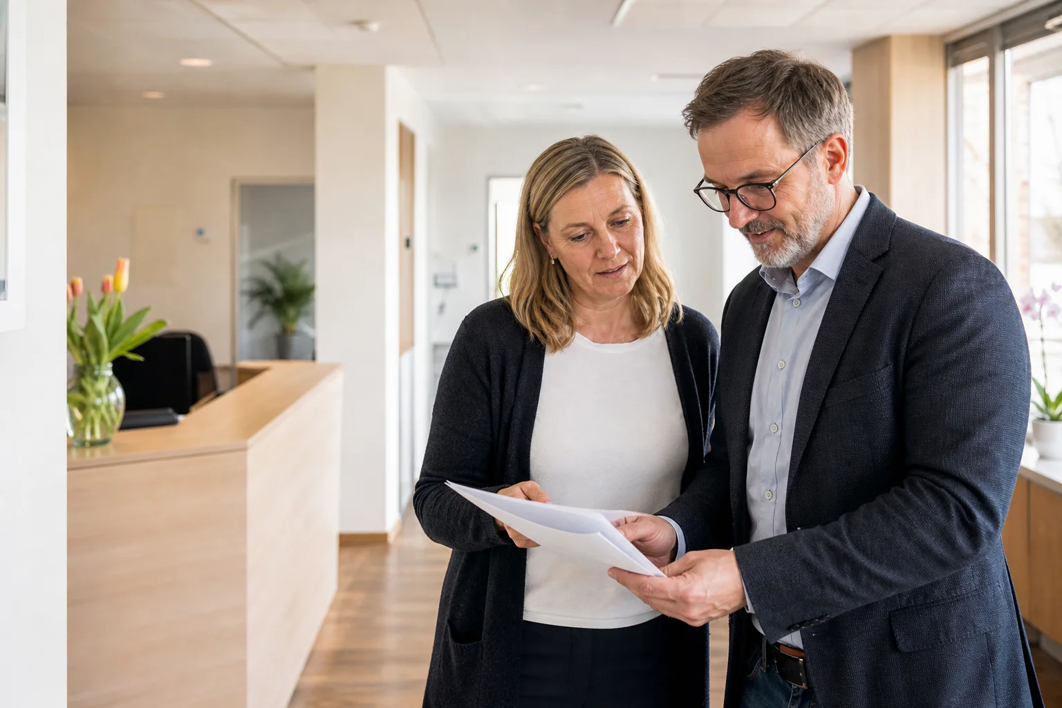 Zwei Fachpersonen besprechen Arbeitsschutzunterlagen in einer hellen Einrichtung des Gesundheitswesens.