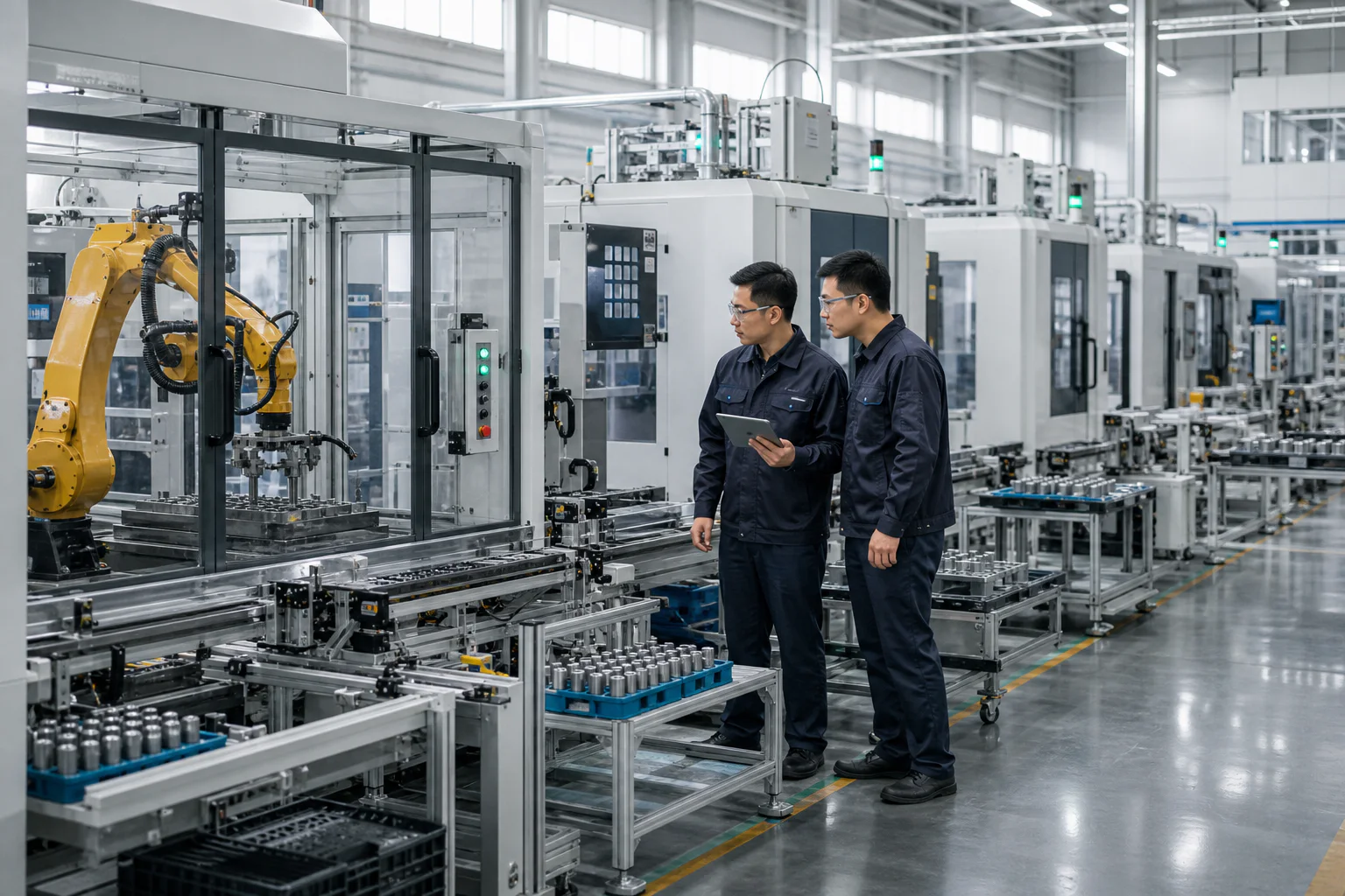 Chinesische Fachkräfte begleiten eine automatisierte Fertigungslinie in einer hochmodernen Produktionsstätte.