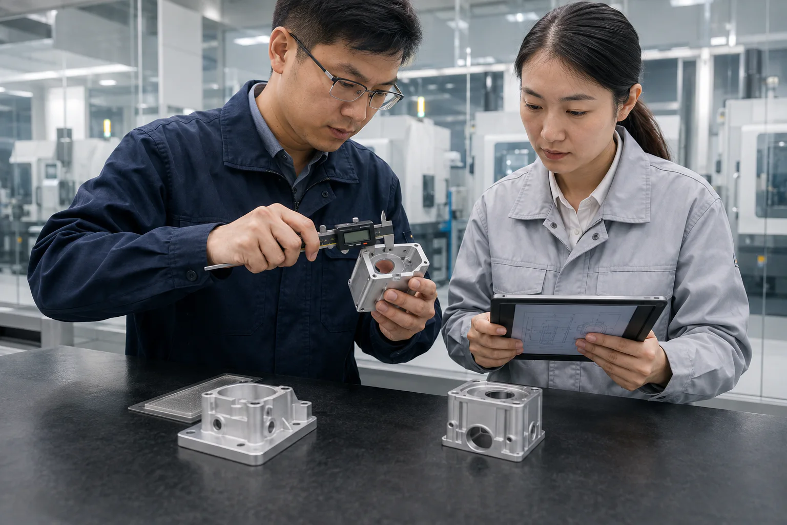 Illustrative Szene: Zwei chinesische Fachkräfte gleichen ein Musterteil mit Messschieber und digitalen Prüfunterlagen in einer modernen Fertigungsstätte ab.