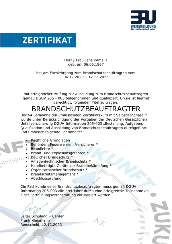 Zertifikat Brandschutzbeauftragter DGUV 205-003